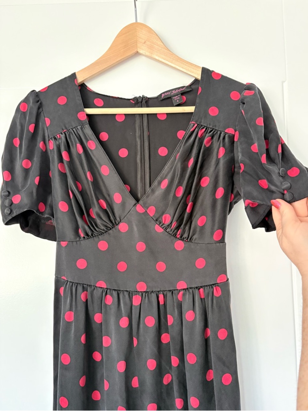 Vintage Betsey Johnson 100% Silk Black Red Polka Dot Puff Sleeve Dress - Picture 4 of 16